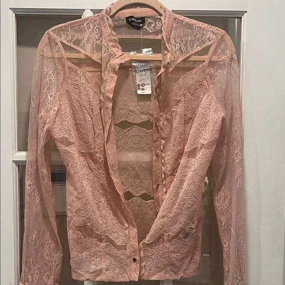 Bebe Women's Blush Lace Blouse - Picture 1 of 10